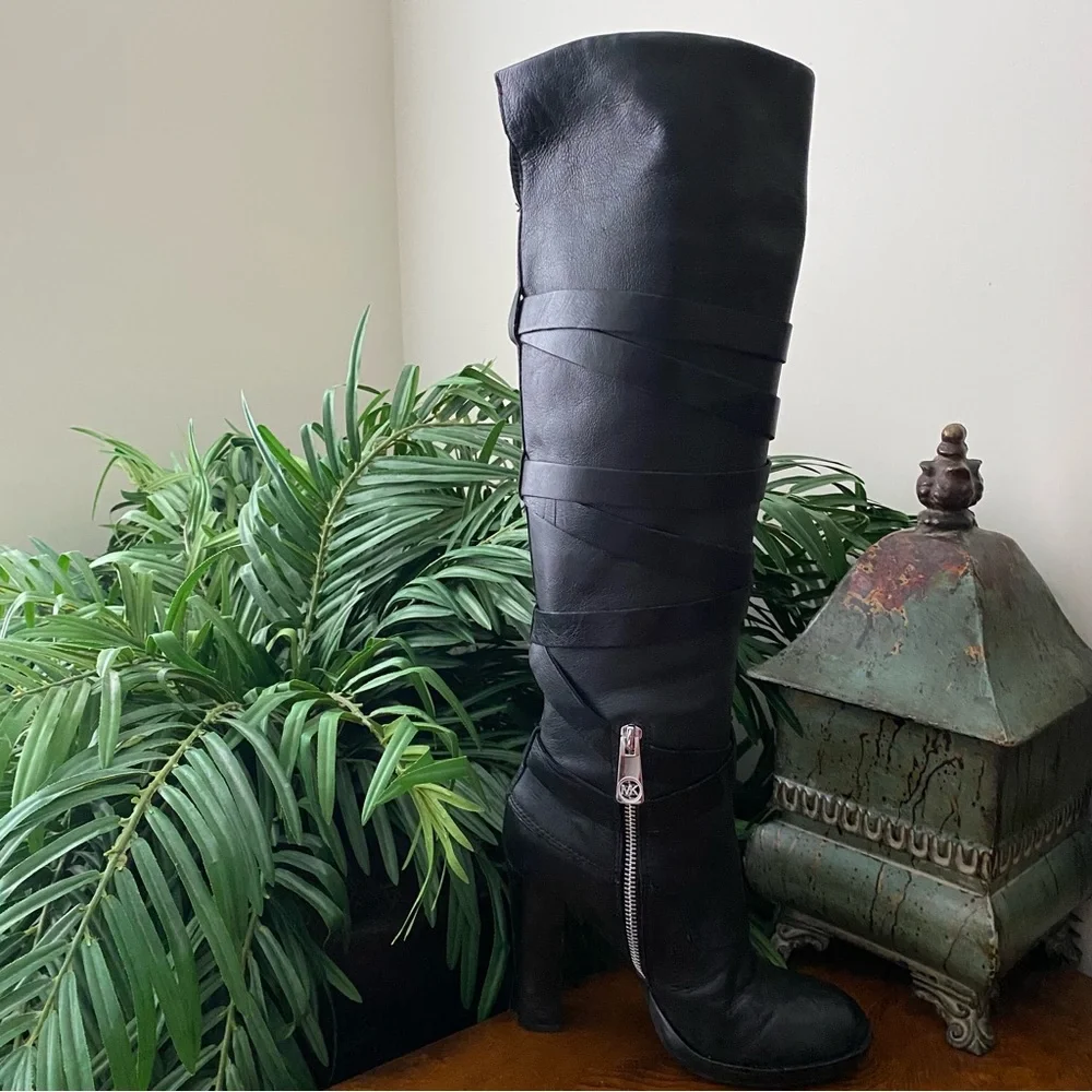 Michael Kors Knee High Greenwich Belted Black Leather Boots